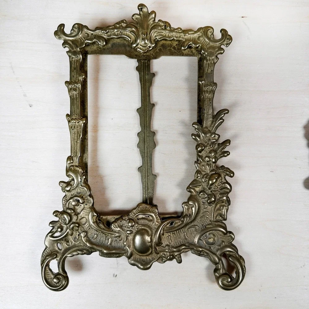 Vintage Brass Rococo Easel Picture Frames Pair Ornate 4x6 & Oval Set